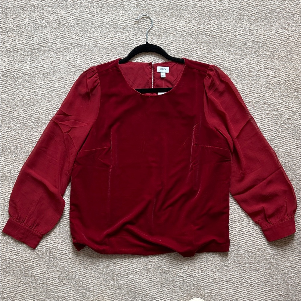 NWT J Crew Factory Burgundy Velvet with Sheer Sleeves Long Sleeve Blouse Sz S